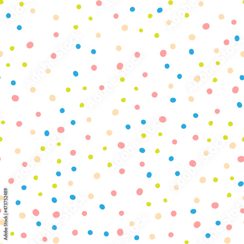 Seamless cute minimalistic childish gentle pattern with multicolored dots in pastel colors on a white background. Illustration background.