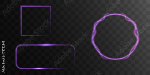 Vector purple frame with light effects. Shining rectangle banner. Isolated on black transparent background.