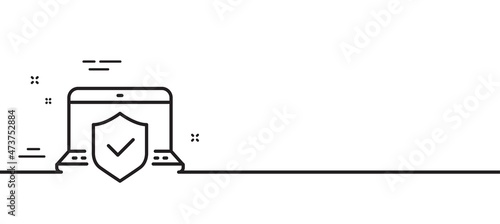 Laptop insurance hand line icon. Risk coverage sign. Notebook protection symbol. Minimal line illustration background. Laptop insurance line icon pattern banner. White web template concept. Vector