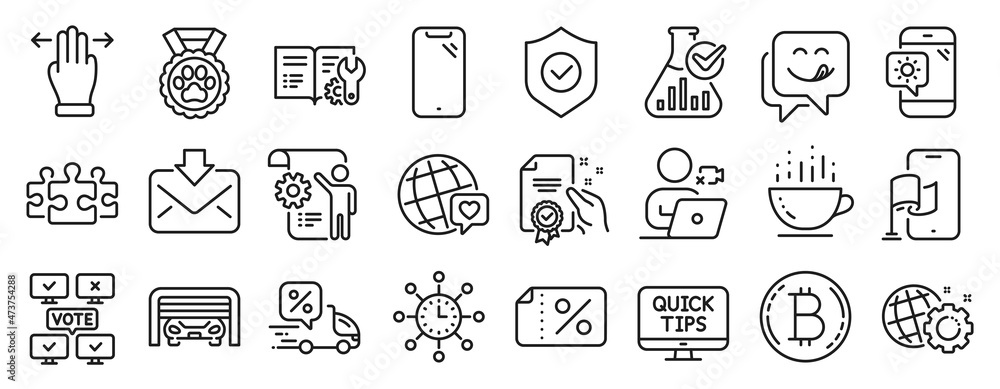 Set of Business icons, such as Dog competition, Online voting, Settings blueprint icons. Web tutorials, Incoming mail, Discount banner signs. Chemistry lab, Location app, Parking garage. Vector