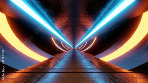 Three dimensional render of futuristic corridor illuminated by blue and yellow neon lighting photo