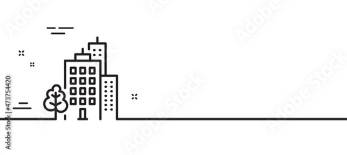 Buildings line icon. City architecture with tree sign. Skyscraper building symbol. Minimal line illustration background. Buildings line icon pattern banner. White web template concept. Vector