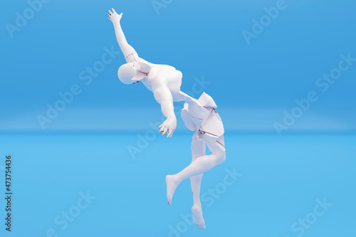 Three dimensional render ofbroken human figure falling down against blue background
