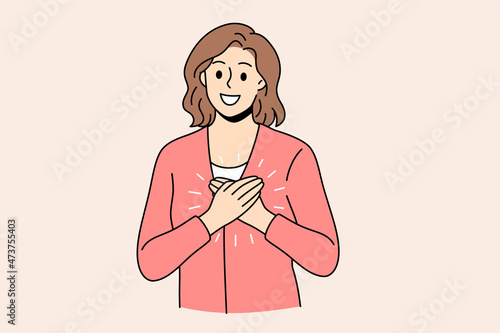 Thankfulness and positive emotions concept. Young smiling female wearing red jacket standing with crossed hands on breast feeling thankful vector illustration 