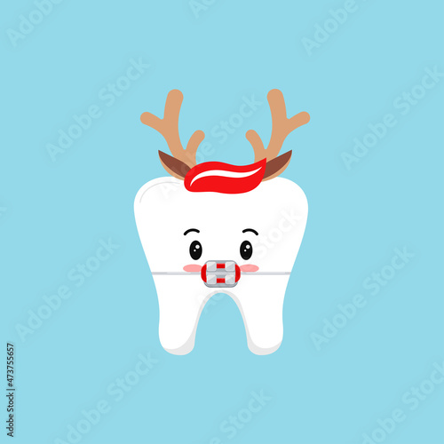 Christmas tooth in braces in reindeer headband with horns and ears icon in flat cartoon style isolated on background. Cute Happy New Year brackets character for dentistry greeting vector illustration.
