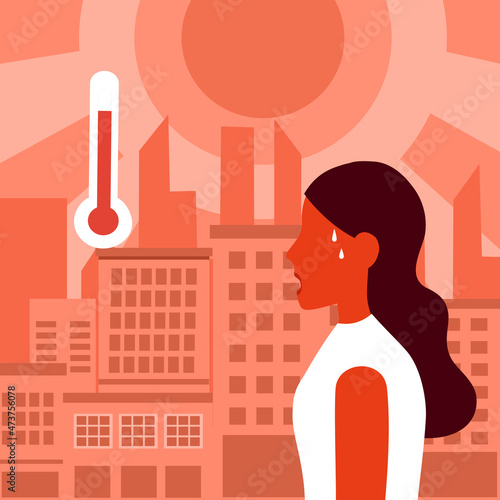 Sweaty woman in hot climate city with strong sunlight and thermometer in flat design. Hot summer day concept.