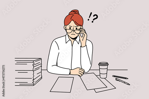 Angry woman boss and indignation concept. Furious angry woman director in glasses sitting and looking at partner with papers and coffee nearby vector illustration 