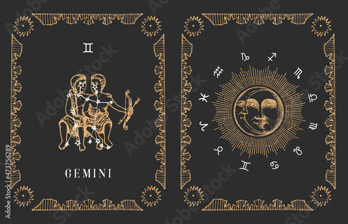 Gemini zodiac symbo in vector, old horoscope card.