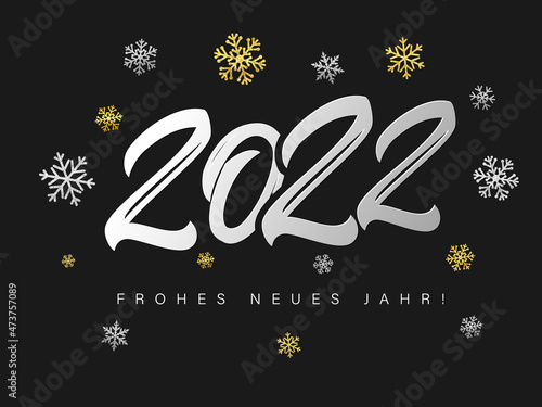 Frohes Neues Jahr 2022 silver logo text design. German text Frohes Neues Jahr, translate Happy New Year. Vector illustration with numbers and snowflakes
