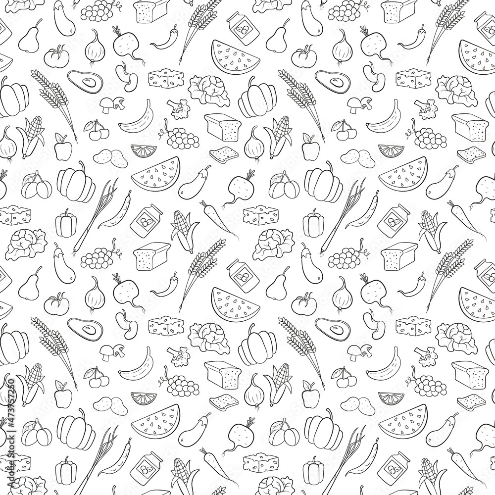 Seamless pattern on the theme of vegetarianism, grocery icons, simple outline black icons on a white background