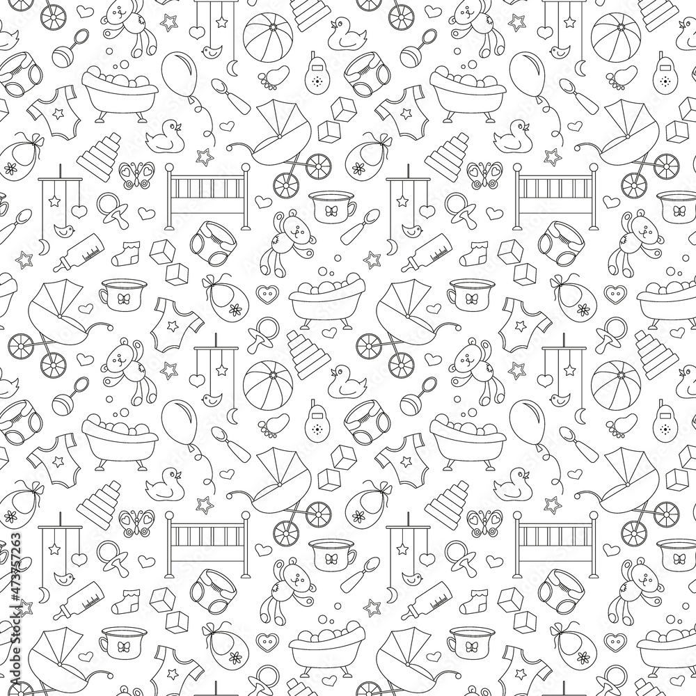 Seamless pattern on the theme of childhood and newborn babies, baby accessories and toys, simple contour icons, black contour on white background Seamless pattern on the theme of childhood and newborn babies, baby accessories and toys, simple contour icons, black contour on white background