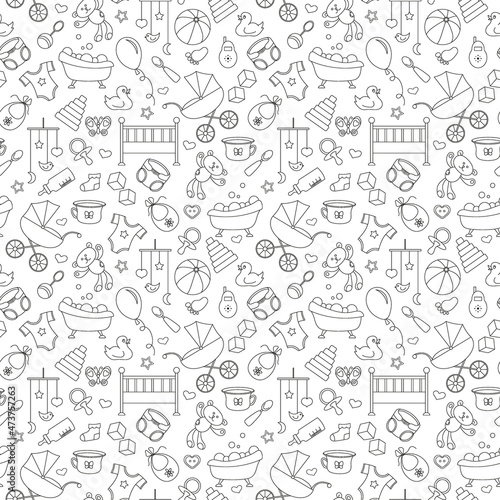 Seamless pattern on the theme of childhood and newborn babies, baby accessories and toys, simple contour icons, black contour on white background