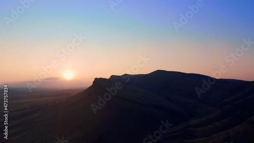 Oglakhty Reserve, Khakassia, beautiful landscape with sunset, aerial view, drone, Russia