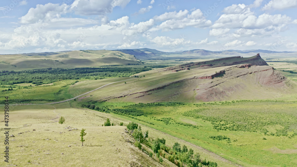 Sunduki, Beautiful panorama of mountains, mountain river, Nature of Russia, Taiga, Yenisei river, Khakassia, Russia