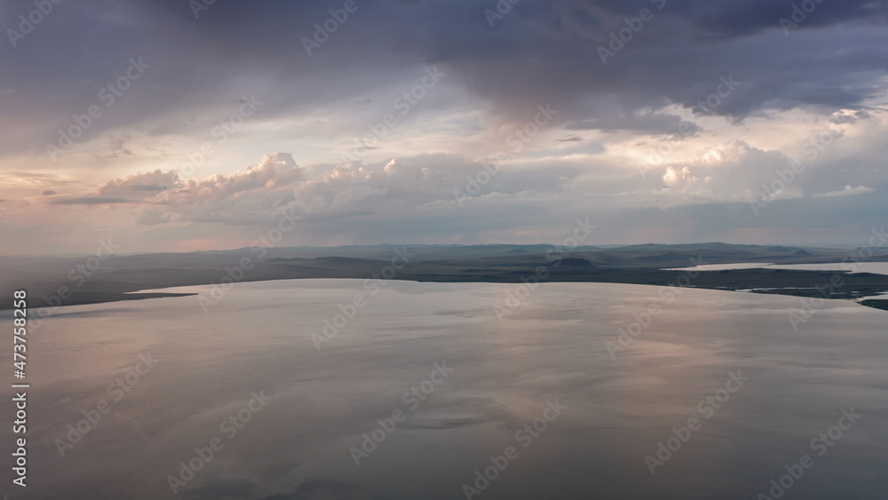Beautiful sunset over the steppe, lakes Shira and Bele, aerial photography, drone, Khakassia, Russia