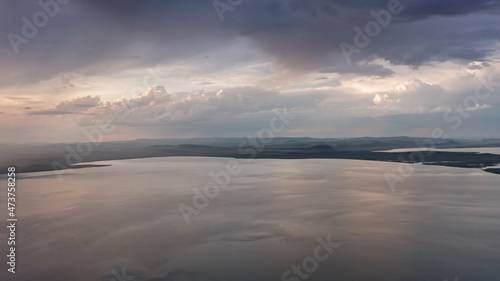 Beautiful sunset over the steppe  lakes Shira and Bele  aerial photography  drone  Khakassia  Russia