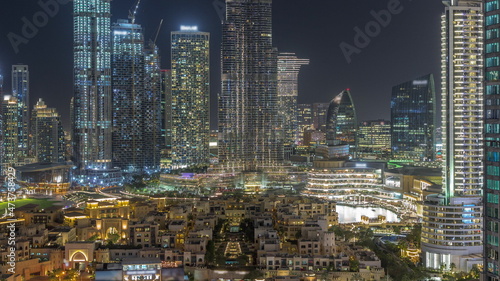 Dubai Downtown night timelapse with tallest skyscraper and other towers photo