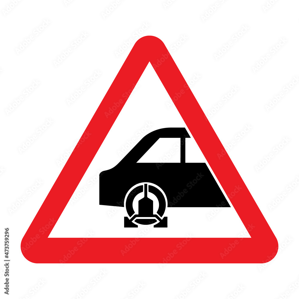 Wheel clamp warning sign. Vector illustration of red triangle sign with wheel lock icon inside