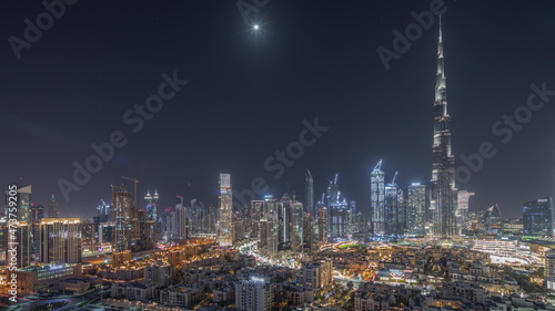 Photography Dubai Downtown all night timelapse with tallest skyscraper and other towers