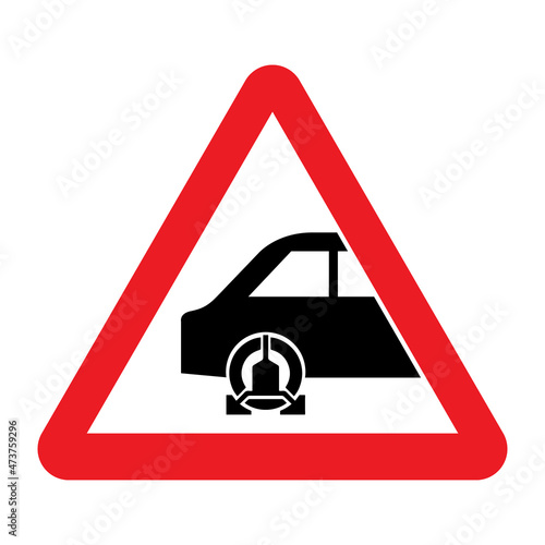 Wheel clamp warning sign. Vector illustration of red triangle sign with wheel lock icon inside. Clamping zone symbol. Caution illegal parking will be penalized. Do not park.