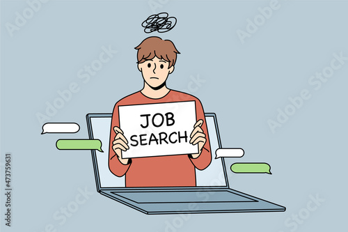 Online job search and recruitment concept. Jobless man candidate with sign looking from laptop screen trying to get position in work vector illustration 