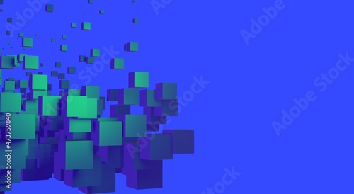 Green light cubes flying on neon blue background tech company abstract 3d render illustration