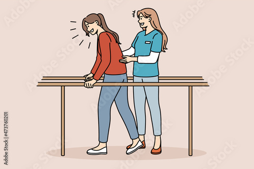 Healthcare and recovery rehabilitation concept. Smiling positive girl walking with wooden support along body and woman doctor helping her in rehabilitation program vector illustration 
