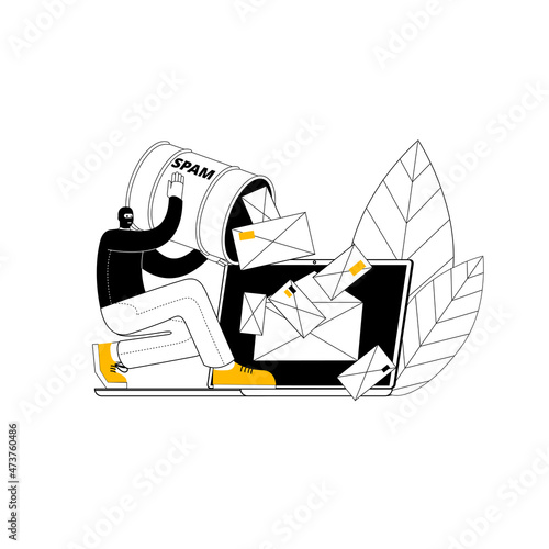 A spammer attacks an email client on a laptop. The concept of a vector illustration in a outline style on the topic of cybercrime and cybersecurity.