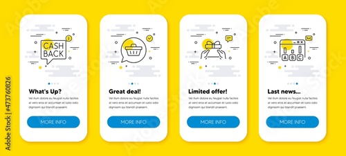 Vector set of Shopping cart, Money transfer and Give present line icons set. UI phone app screens with line icons. Survey results icon. Dreaming of gift, Cashback message, Receive a gift. Vector