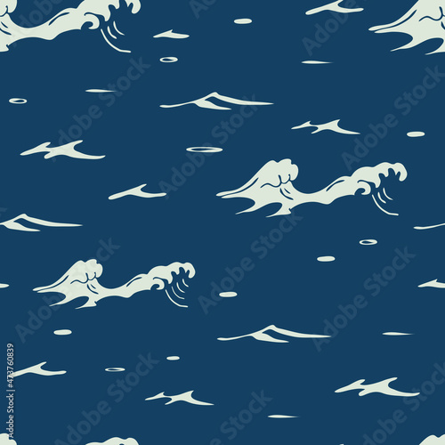 Seamless vector pattern with sea waves on blue background. Simple ocean texture wallpaper design. Decorative marine fashion textile.