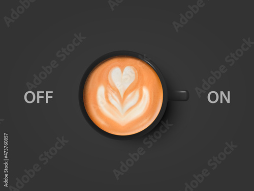 Vector 3d Realistic Off, On Switch with Milk Foam Coffee in Black Ceramic, Porcelain Coffee Mug, Foam Pattern. Capuccino, Latte. Concept Creative Banner with Coffee Cup. Design Template. Top View