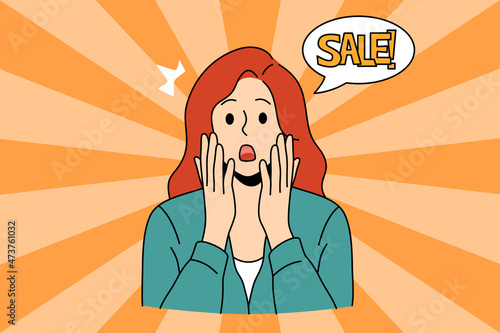 Sale marketing and promotions discount concept. Portrait of young amazed surprised shocked woman with sale lettering aside touching face vector illustration 