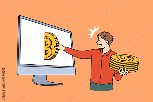 Bitcoin and cryptocurrency profit concept. Smiling man standing and taking out golden bitcoin coins from laptop screen making money vector illustration 