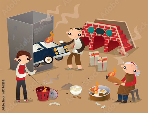 People make ancestor worship by burning paper offerings on the street of Hong Kong during the Chinese Hungry Ghost Festival.