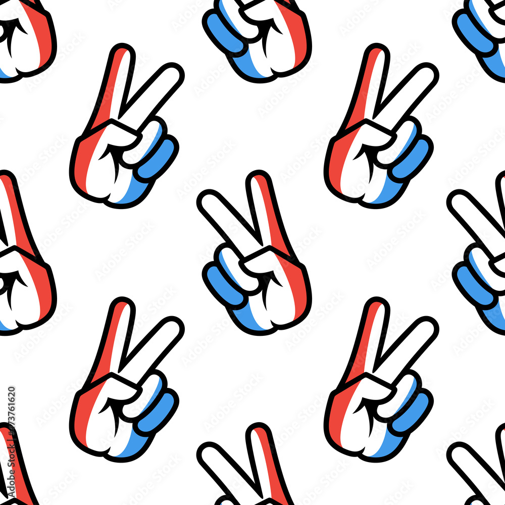 France flag in the form of a peace sign. Seamless background. Gesture V victory sign, patriotic sign, icon for apps, websites, T-shirts, souvenirs, etc., isolated on white background France flag in the form of a peace sign. Seamless background. Gesture V victory sign, patriotic sign, icon for apps, websites, T-shirts, souvenirs, etc., isolated on white background