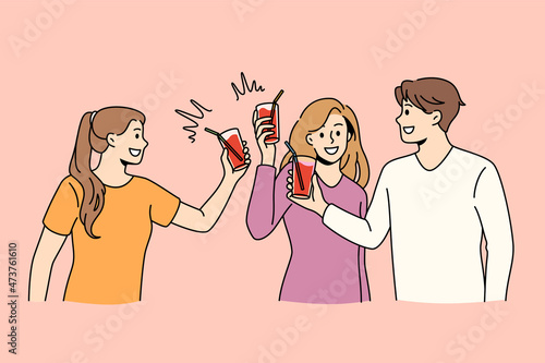 Celebration holiday and party concept. Group of young friends clinking glasses with cocktail having fun together during celebrating event party vector illustration 