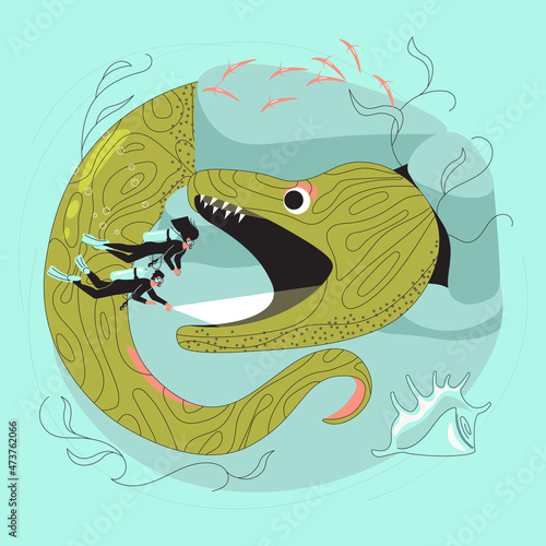 Scuba diving man and woman in the mouth of a huge moray eel