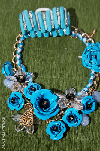 Beautiful blue beads. The concept of a beautiful, elegant life and beautiful decoration for woman photo