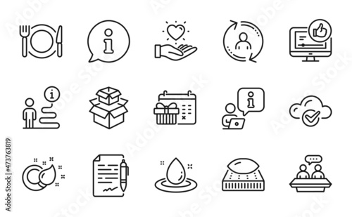 Business icons set. Included icon as User info, Employees talk, Hold heart signs. Fuel energy, Like video, Packing boxes symbols. Cloud computing, Restaurant food, Christmas calendar. Vector