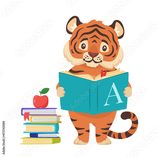 cartoon illustration of tiger reading a book.