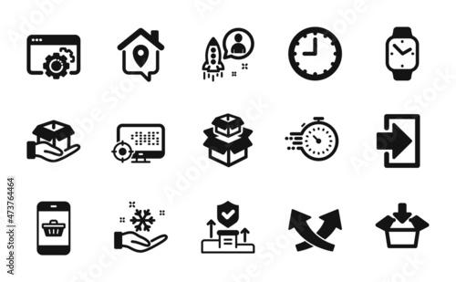 Vector set of Security agency, Packing boxes and Login icons simple set. Work home, Hold box and Startup icons. Time, Smartwatch and Seo signs. Security agency simple web symbol. Vector