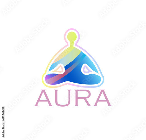 multicolored logo for yoga with a silhouette of a man sitting in a lotus position with the inscription aura for a yoga club, for yoga classes, for esotericists