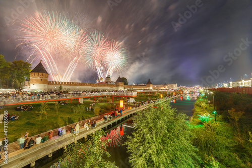 summer night fireworks above the kremlin at end of day of the city in Tula, Russia