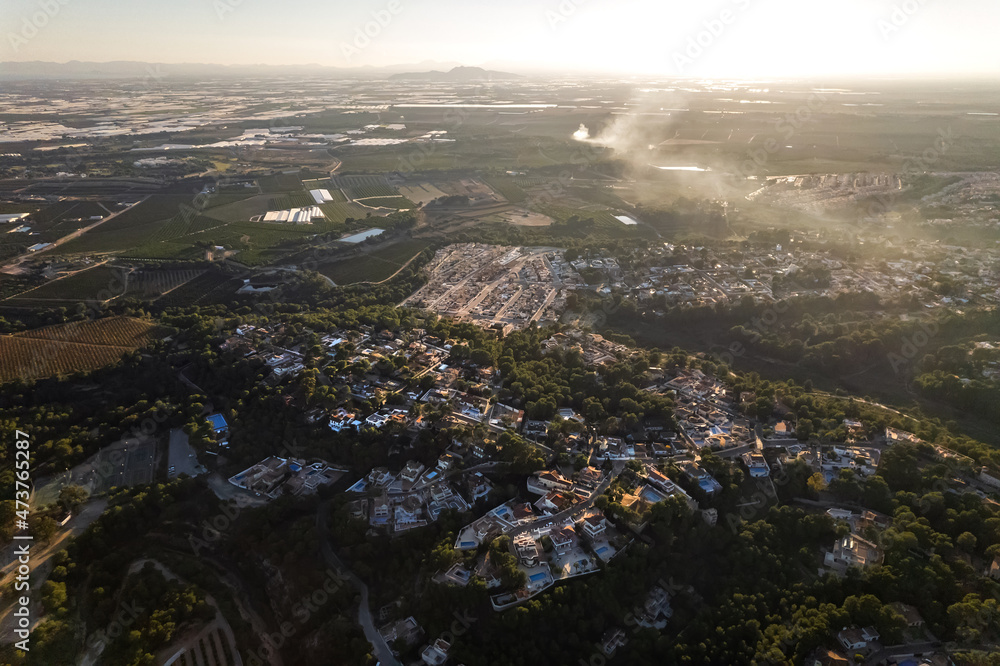 Drone point of view villas of Pinar de Campoverde. Spain
