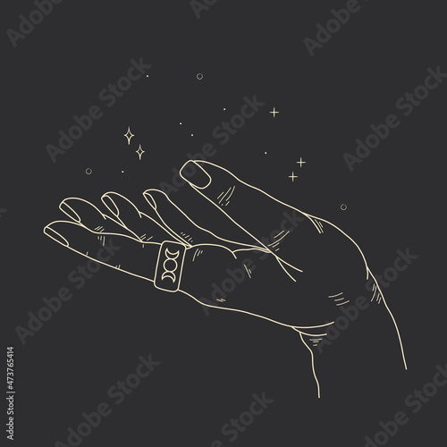 linear illustration of a female hand. witch's hand with tarot cards, magic divination ritual