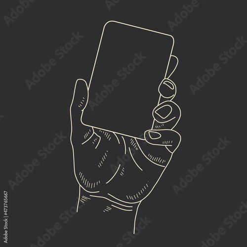 linear illustration of a female hand. witch's hand with tarot cards, magic divination ritual