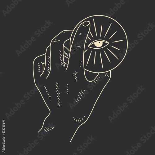 linear illustration of a female hand. witch's hand with tarot cards, magic divination ritual