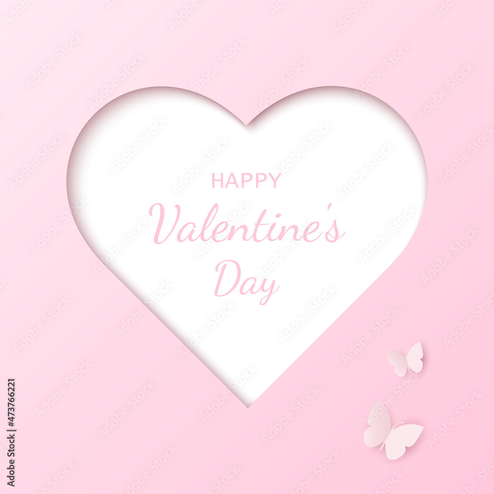 Valentine's Day card in paper cut style. Heart on a pink background. Vector illustration