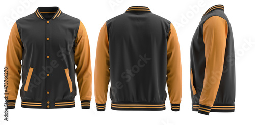 Blank (Black and Orange  ) varsity bomber jacket isolated on white background. parachute jacket. front and back view. ready for your mock-up design  photo