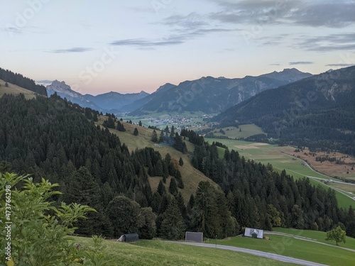 Top view to the valley in Alps sunset Austria 